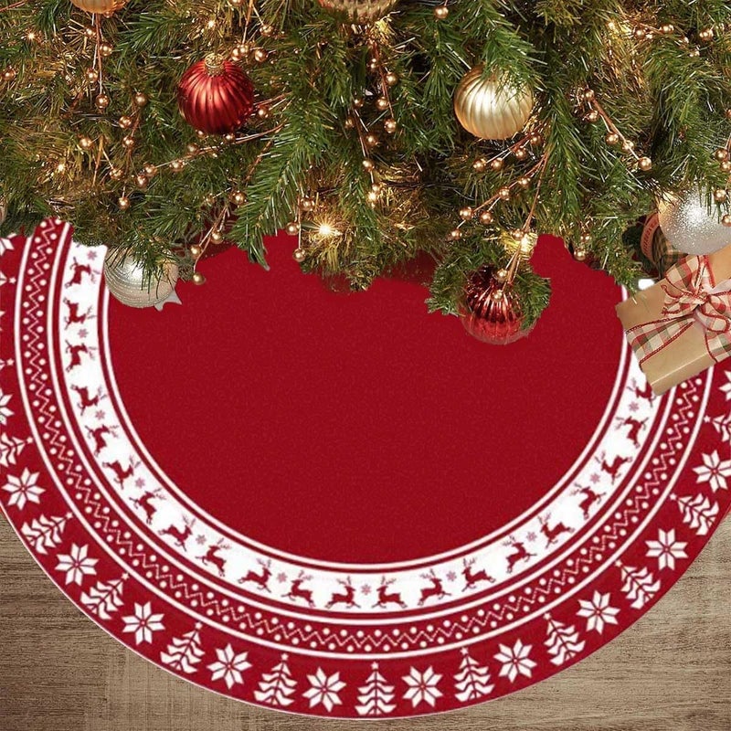 Lizuart Christmas Tree Skirt 48 Inches | Red Xmas Tree Skirt with Rustic Snowflake & Reindeer Pattern, Fits 5 to 7 Foot Trees, Perfect Christmas Decorations for Holiday Trees. - Image 1